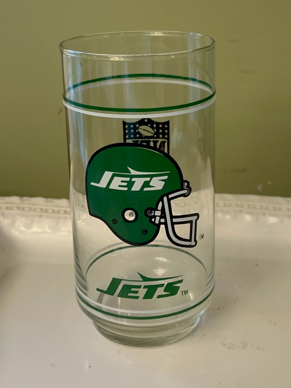 Vintage New York Jets Glass Tumbler Mobil Oil Promo 1980s